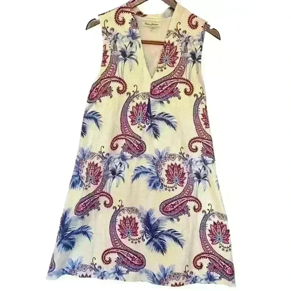 Tommy Bahama Dress Paisley Linen Blend Shift with Pockets Size L Resortwear